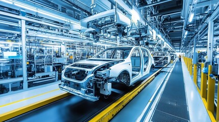 Poster - automated assembly line in a modern automobile manufacturing facility during daytime production