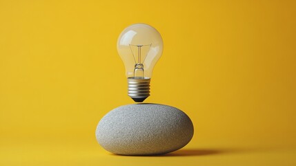 Poster - Light bulb balancing on gray stone against yellow background. Innovation and creativity concept