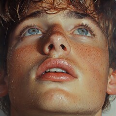 Wall Mural - Close-Up Portrait of a Young Man with Blue Eyes and Freckles