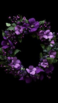 Purple floral wreath entwined with greenery creating an elegant and detailed illustration