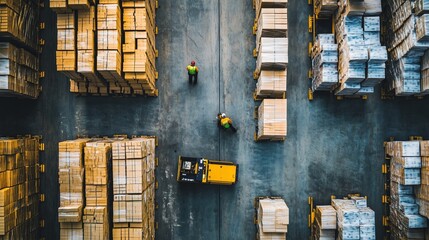 Poster - warehouse workers organizing stacked wooden pallets in a large distribution center during daylight h
