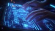 © Rstm - Hands typing on a futuristic glowing blue keyboard.