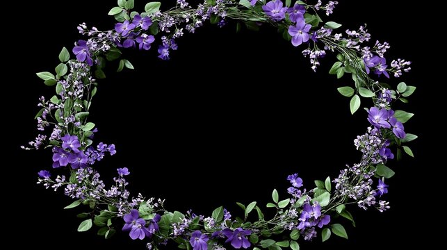 Soft purple floral wreath featuring greenery in a delicate, artistic illustration image