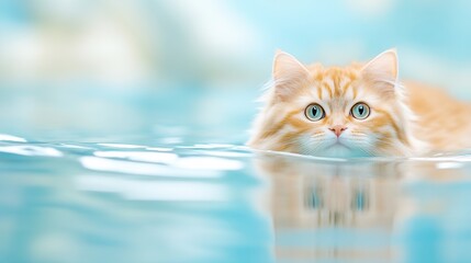 Sticker - A cat swimming in a pool of water with its eyes open, AI