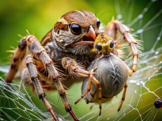 Wall Mural - Bird Eating Spider Consuming a Bird in its Web in a Natural Habitat Captured in Stunning Detail