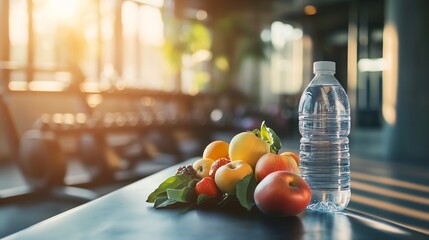 Wall Mural - Healthy fruits and a bottle of water on a gym table.