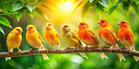 Wall Mural - Bright and Colorful Canaries Perched on Branches in a Lush Green Environment Under Natural Light