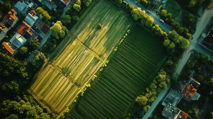 Sticker - Aerial view of lush farmland and quaint village at sunset showcasing vibrant green fields and neatly arranged crops