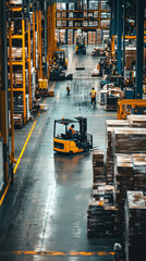 Poster - busy warehouse interior with forklifts transporting goods during daylight hours in an organized indu