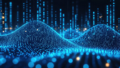 Abstract image featuring blue and green tones. It is a digital binary code wave background.