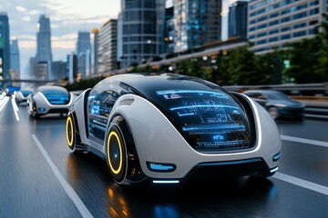 Poster - An urban landscape filled with tomorrowâ€™s innovations, where autonomous vehicles, smart buildings, and AI-powered infrastructure create a seamless, connected city