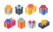 © 100% HAND-CRAFTED - Set of gift boxes. Presents and surprises in giftboxes. Anniversary, New Year, Christmas and birthday party. Holiday and festival. Isometric vector collection isolated on white background