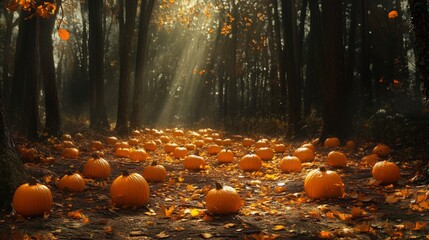 Poster - A path through a dark forest is covered in fallen leaves, with a patch of sunlight shining through the trees. Pumpkins are strewn along the path and on the ground.