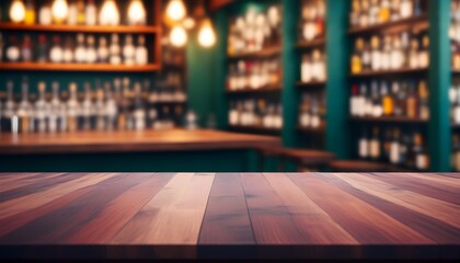 Wall Mural - Charming wood table overlooking a blurred old European city at night with bokeh river backdrop, perfect for showcasing dining experiences or product displays