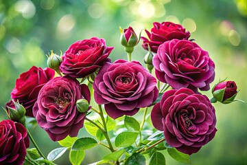 Wall Mural - Elegant Burgundy Roses in Full Bloom Against a Soft Green Background for Floral Decoration Purposes