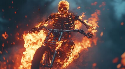 Wall Mural - Mesmerizing fiery skeleton on motorcycle surrounded by a dynamic blaze of colors