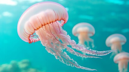 A jellyfish is swimming in the ocean with other jellyfish