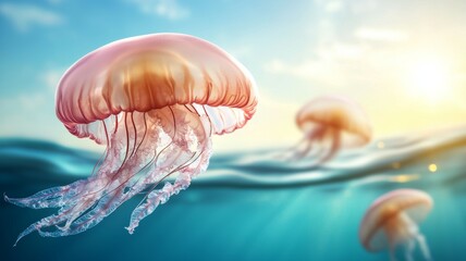 Wall Mural - The jellyfish are pink and white in color