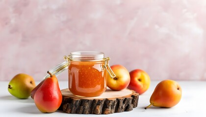 Wall Mural - Vibrant pear jam in a glass jar accompanied by an array of fresh, juicy organic fruits