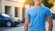 © Cascade Image Studio - Young Model Shirt Mockup, Boy wearing blue t-shirt on street in daylight, Shirt Mockup Template on hipster adult for design print, Male guy wearing casual t-shirt mockup placement