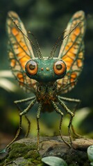 Wall Mural - A Detailed Look at a Fantasy Insect with Green and Orange Wings