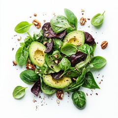 Wall Mural - Fresh green salad with avocado slices and nuts. This colorful dish features vibrant leaves and healthy ingredients. Perfect for a light meal or a nutritious snack. AI