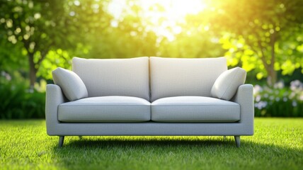 Poster - A large gray couch is sitting in a grassy field