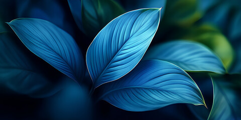 close-up detail macro texture bright blue green leave tropical forest plant spathiphyllum cannifoliu