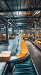 Poster - efficient conveyor belt system moving packages in a modern warehouse during daytime operations