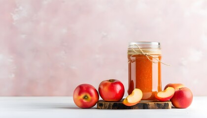 Wall Mural - Delicious homemade apple jam surrounded by fresh fruits with ample copy space