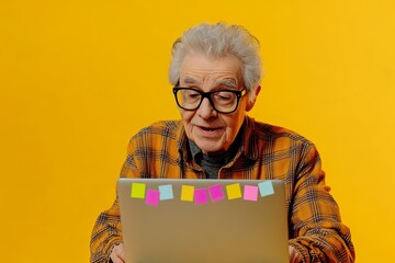 An elderly man engages with a laptop adorned with colorful sticky notes against a bright yellow background. Generative AI