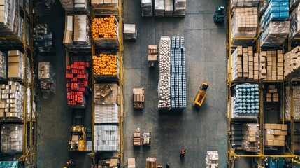 Poster - aerial view of a busy warehouse filled with organized stacks of boxes and goods during daylight hour