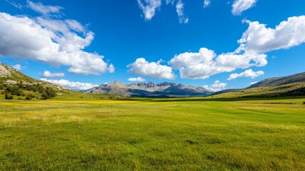 Wall Mural - A large, open field with a clear blue sky and a few clouds