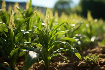 corn agriculture nature green rural field in agricultural lands in summer growth, generative ia