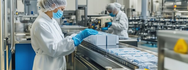 Poster - workers in protective gear packaging products in a modern manufacturing facility during the daytime