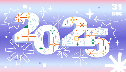 2025 Year poster. New Year and Chrstmas, Noel Eve. Winter holiday and festival. Greeting and invitational postcard. Cover and banner. Flat vector illustration isolated on white background