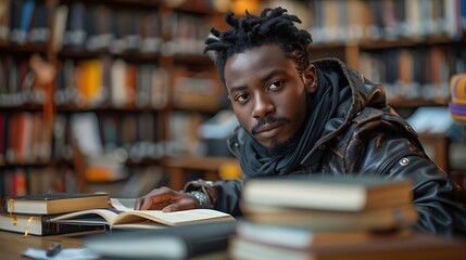 A Black student attentively talking to a teacher online, with books and notes spread out on the desk in a well-lit study area