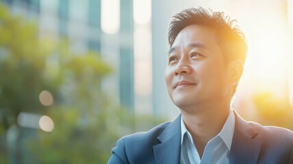 Canvas Print - A man in a suit is smiling and looking up at the sun