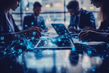 Poster - Business professionals collaborating on digital technology and data analytics in a conference room during the daytime. Generative AI