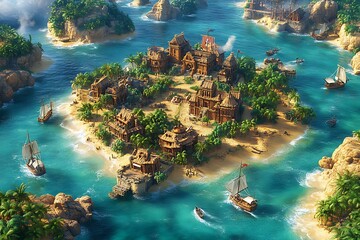 Tropical Island Cityscape with Ships Sailing, Fantasy Aerial View