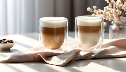 Elegant still life featuring creamy coffee in a glass on a wooden table