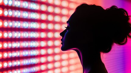Poster - Silhouette of woman against colorful led lights, vibrant portrait. Modern art and technology concept