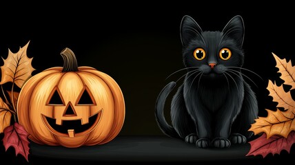 Wall Mural - A black cat is sitting in front of a pumpkin with a smile on its face