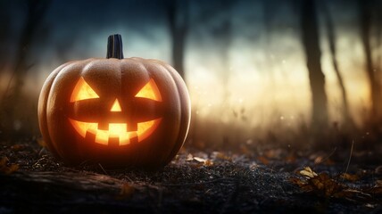 A pumpkin with a scary face is sitting on the ground in a forest