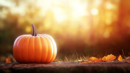 Wall Mural - A large orange pumpkin sits on a wooden surface in a field of autumn leaves