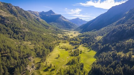Wall Mural - stunning aerial view of a green valley surrounded by majestic mountains during a sunny day in the co