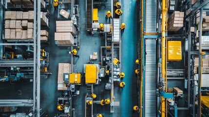Poster - workers efficiently manage packages on conveyor belts in a large warehouse during peak operational h