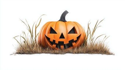 Wall Mural - A pumpkin with a scary face is sitting in a field of grass