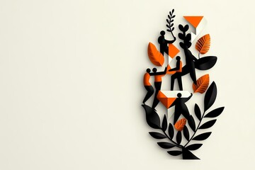 Poster - Simple icon of a rural community working together, with geometric shapes representing cooperation and sustainability in a minimalistic design