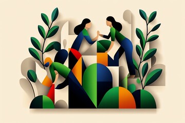 Poster - Simple icon of a rural community working together, with geometric shapes representing cooperation and sustainability in a minimalistic design